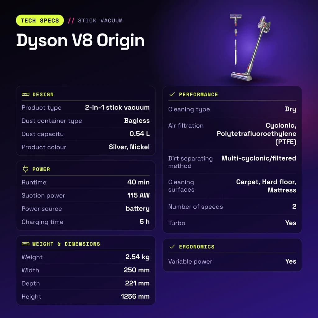 Aspirateur Balai Dyson V8 Origin Argent Sans fil 115AW 40min - caractéristiques, 2,54 kg