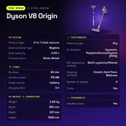 Aspirateur Balai Dyson V8 Origin Argent Sans fil 115AW 40min - caractéristiques, 2,54 kg