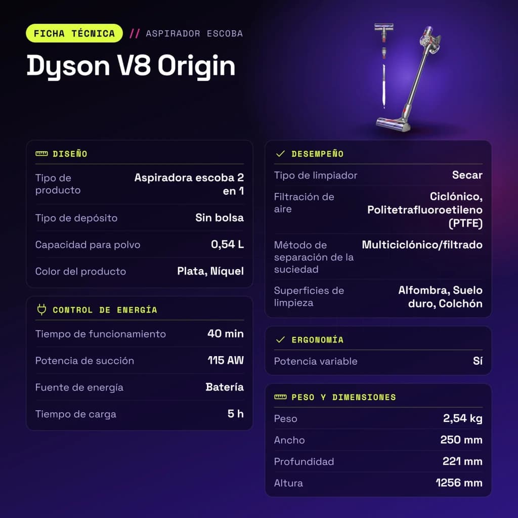 Aspirateur Balai Dyson V8 Origin Argent Sans fil 115AW 40min - caractéristiques, 1256 mm