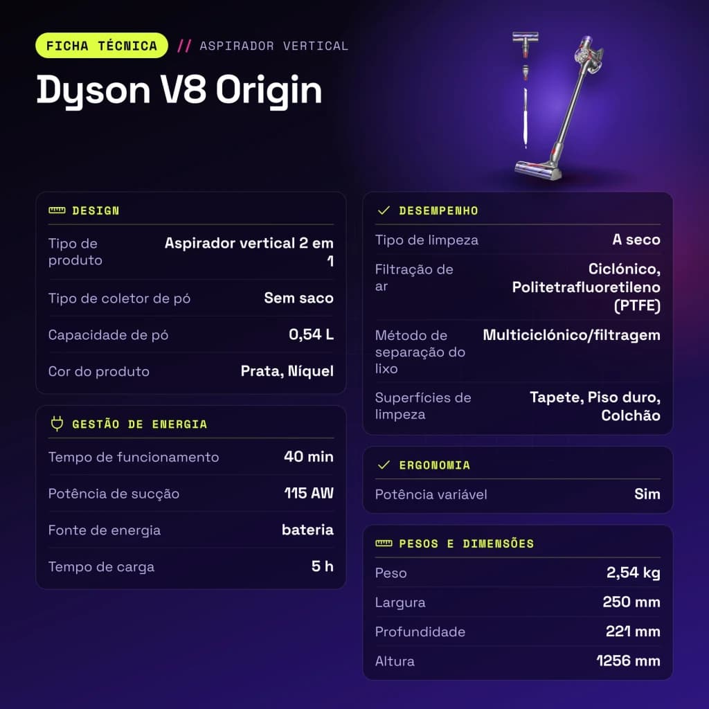 Aspirateur Balai Dyson V8 Origin Argent Sans fil 115AW 40min - caractéristiques