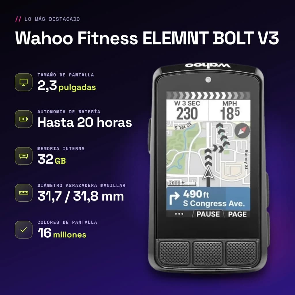 Cyclocomputer GPS Wahoo Fitness ELEMNT BOLT V3 Noir 20h - caractéristiques