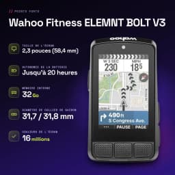 Cyclocomputer GPS Wahoo Fitness ELEMNT BOLT V3 Noir 20h - caractéristiques, 2 GB