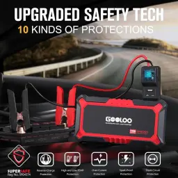 Arrancador de Bateria GOOLOO 2000A até 8,0L gasolina / 6,0L diesel GP2000 - 10 proteções de segurança com pinças