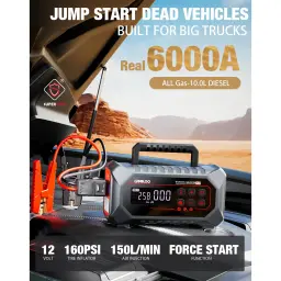 Arrancador de Bateria GOOLOO A7 6000A até 10L Gasolina e Diesel - dispositivo com pinças vermelhas, ecrã digital