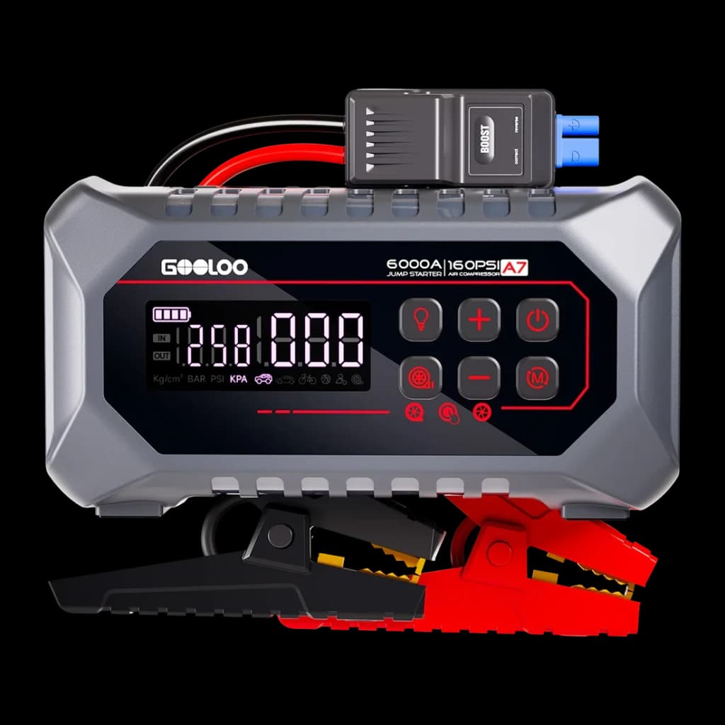 Arrancador de Bateria GOOLOO A7 6000A até 10L Gasolina e Diesel - ecrã LCD, pinças e porta compressor BOOST visíveis