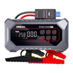 Arrancador de Bateria GOOLOO A7 6000A até 10L Gasolina e Diesel - ecrã LCD, pinças e porta compressor BOOST visíveis