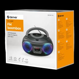 Lecteur CD portable Denver 4W Bluetooth Gris TCL-212BT - emballage avant avec photo du produit et spécifications