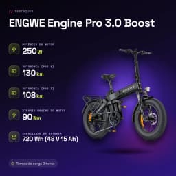 Bicicleta Eléctrica Plegable ENGWE Engine Pro 3.0 Boost Negro 250W 90Nm - características, 80 km