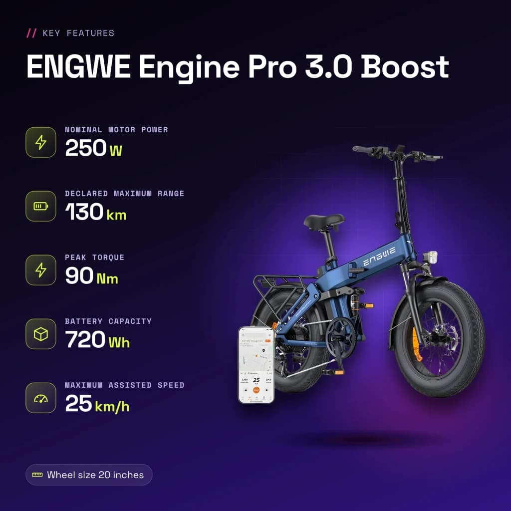 Bicicleta eléctrica ENGWE Engine Pro 3.0 Boost 250W 130km 25km/h Azul - características, 720 Wh
