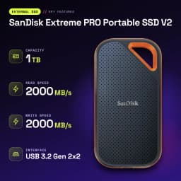SanDisk Extreme PRO Portable SSD V2 1 To NVMe USB-C 3.2 Gen 2x2 Noir - caractéristiques, 1 TB (1024 GB)