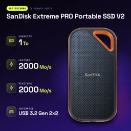 SanDisk Extreme PRO Portable SSD V2 1 To NVMe USB-C 3.2 Gen 2x2 Noir - caractéristiques, 2000 MB/s