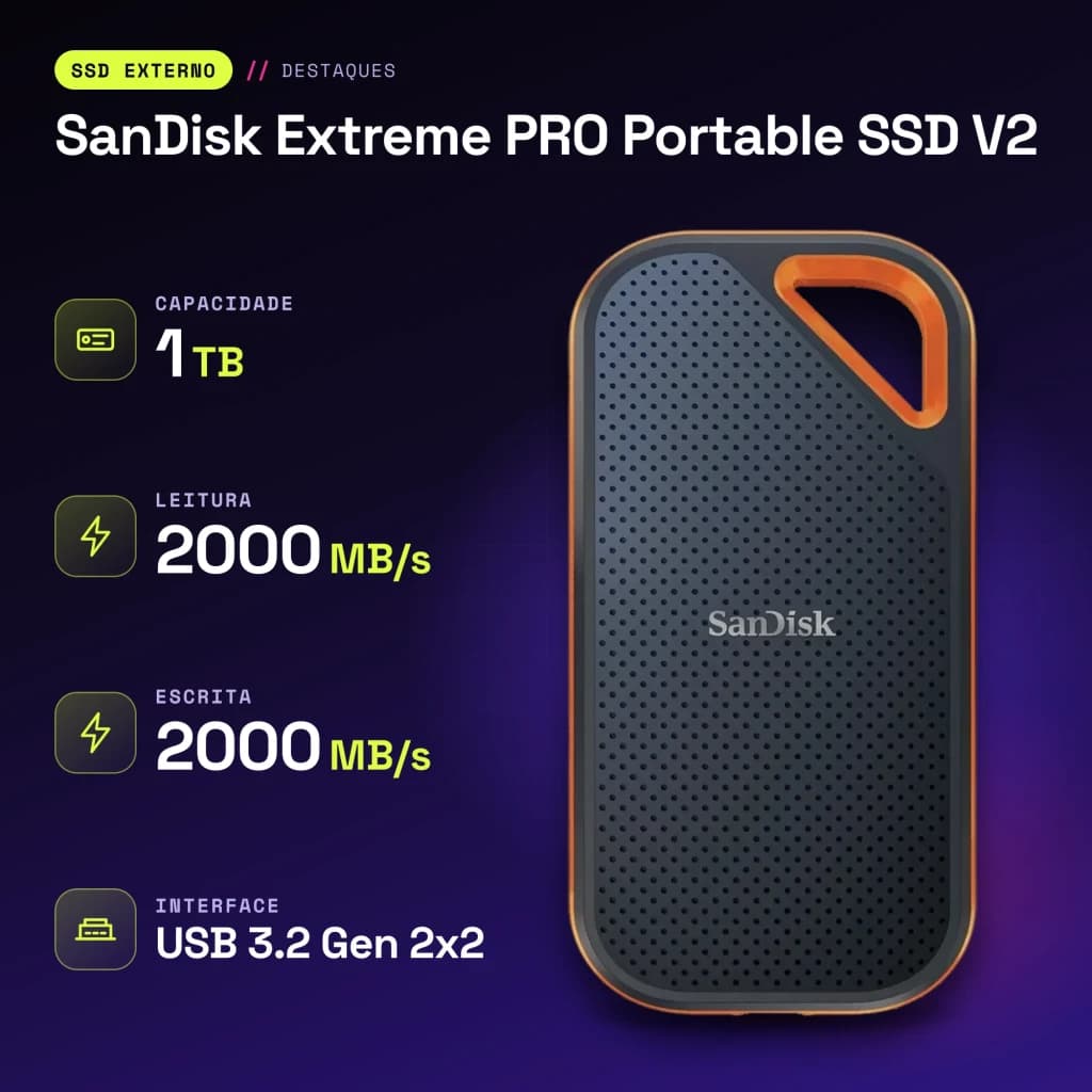 SanDisk Extreme PRO Portable SSD V2 1 To NVMe USB-C 3.2 Gen 2x2 Noir - caractéristiques, USB 3.2 Gen 2x2 (USB-C)