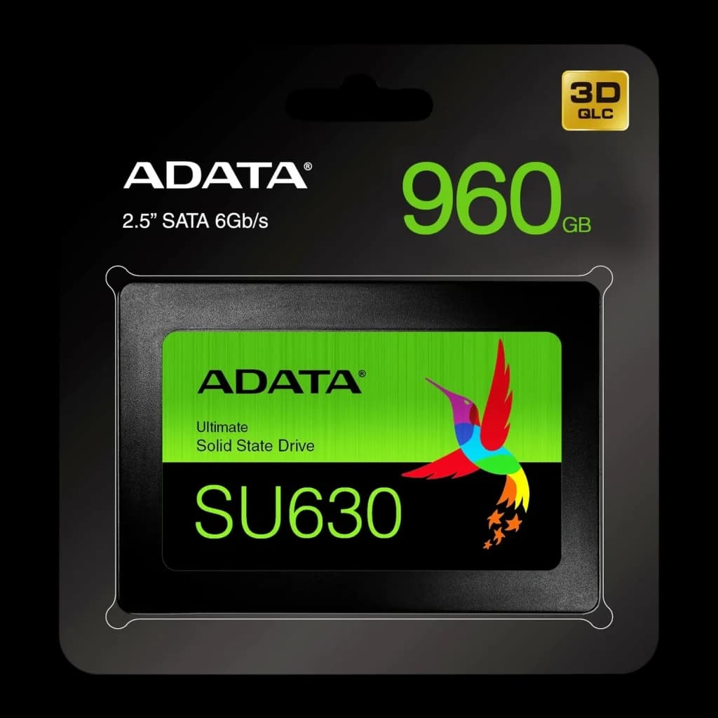 SSD ADATA Ultimate SU630 480GB 2.5 pulgadas SATA Negro - caja negra con SSD visible, etiqueta verde