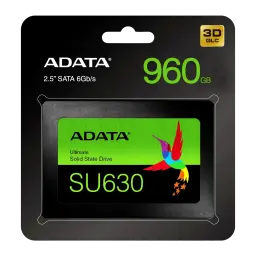 SSD ADATA Ultimate SU630 480GB 2.5 pulgadas SATA Negro - caja negra con SSD visible, etiqueta verde