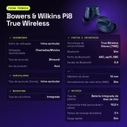 Écouteurs Bowers & Wilkins Pi8 True Wireless Réduction de Bruit TWS Bleu Nuit Midnight - caractéristiques