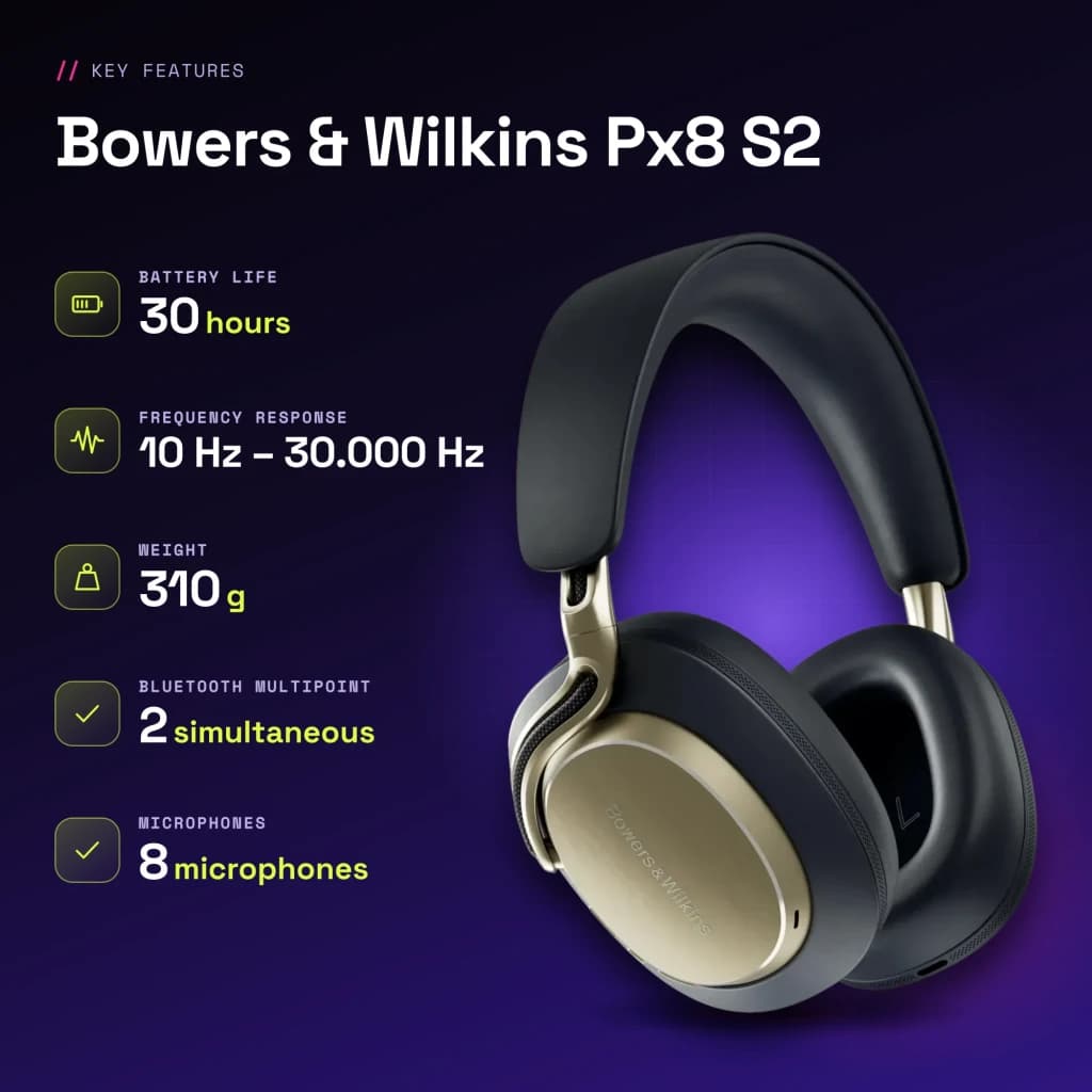 Auriculares de diadema Bowers & Wilkins Px8 S2 Cancelación de Ruido Azul Medianoche - características, Bluetooth 5.3