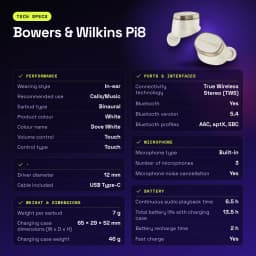 Écouteurs true wireless Bowers & Wilkins Pi8 TWS Bluetooth 5.4 Blanc - caractéristiques
