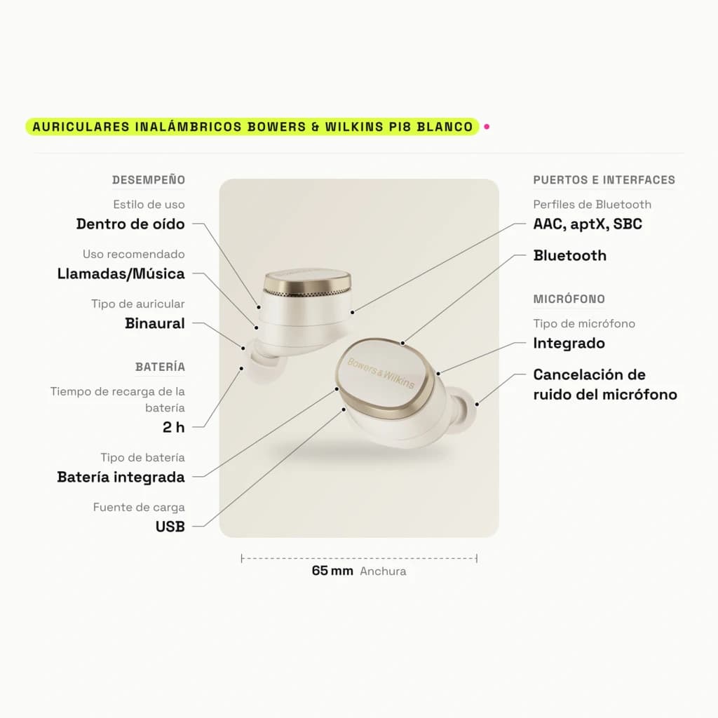 Écouteurs true wireless Bowers & Wilkins Pi8 TWS Bluetooth 5.4 Blanc - caractéristiques