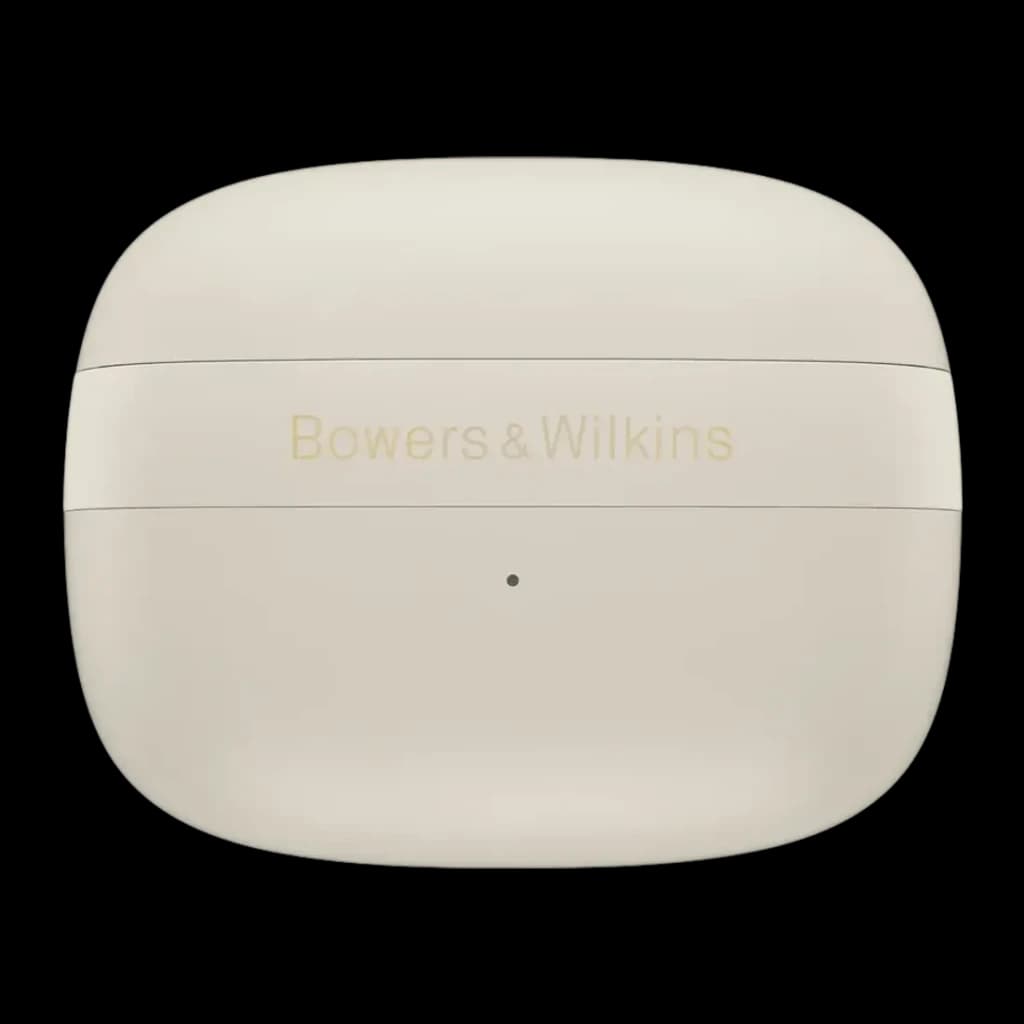 Écouteurs true wireless Bowers & Wilkins Pi8 TWS Bluetooth 5.4 Blanc - couvercle de l'étui fermé avec logo