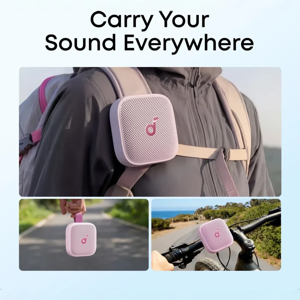 Altavoz portátil Anker Soundcore Boom Go 3i IP68 15W 24h Rosa - sujeto a mochila, en mano y en manillar de bici