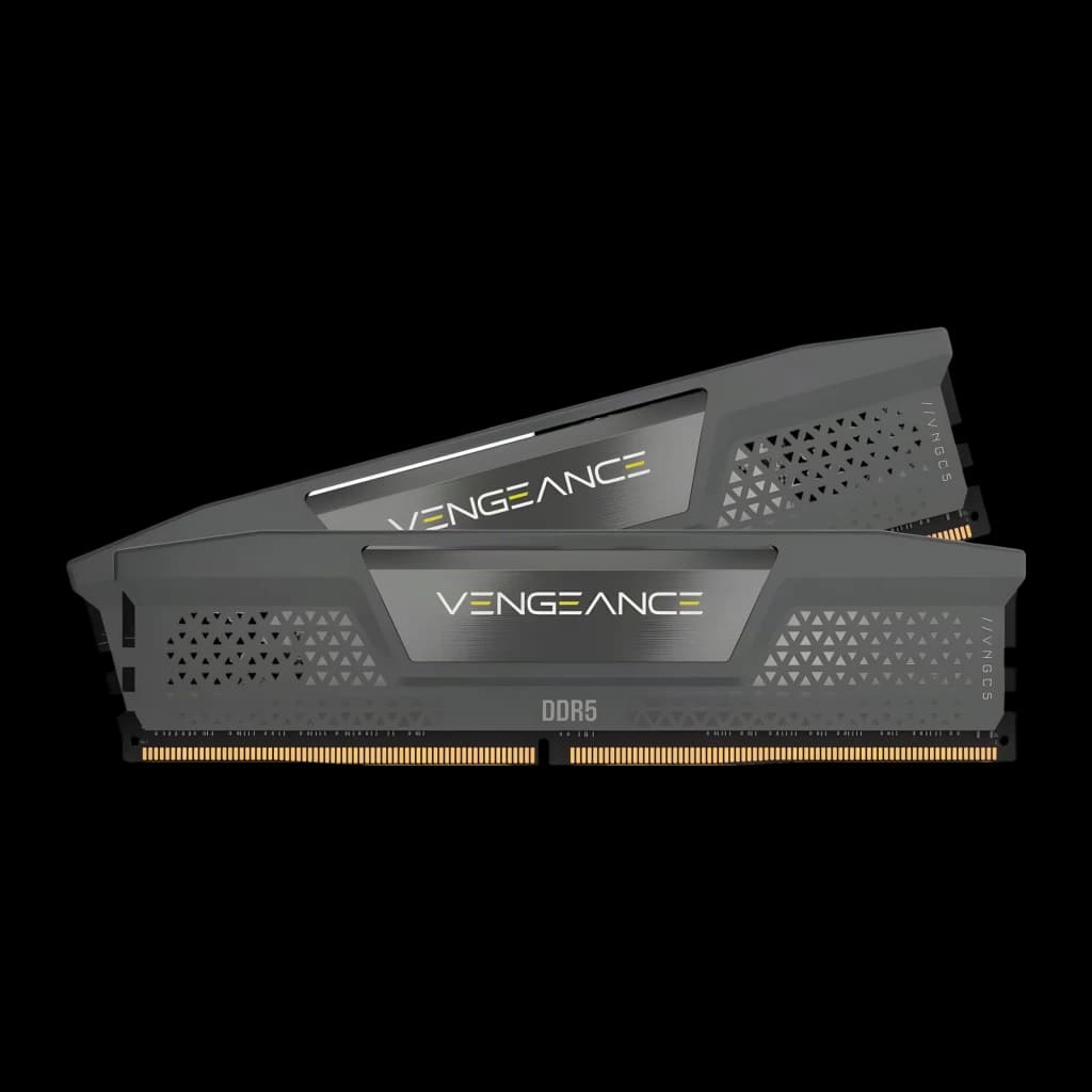 Memoria RAM Corsair Vengeance DDR5 32GB 2x16GB 6000MHz Gris - dos módulos escalonados con disipador gris, logo