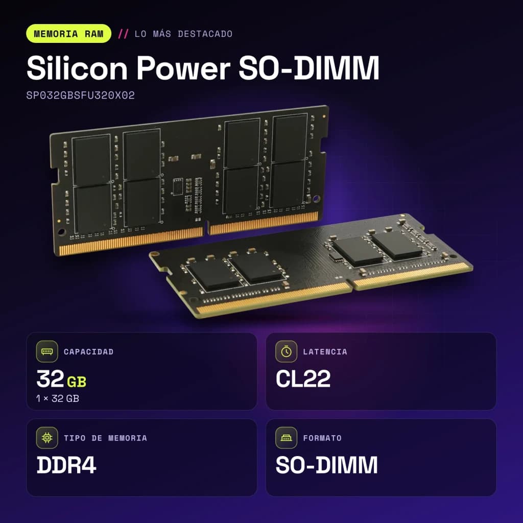 Mémoire RAM Silicon Power SO-DIMM 32Go DDR4 1x32Go 3200MHz Noir SP032GBSFU320X02 - caractéristiques