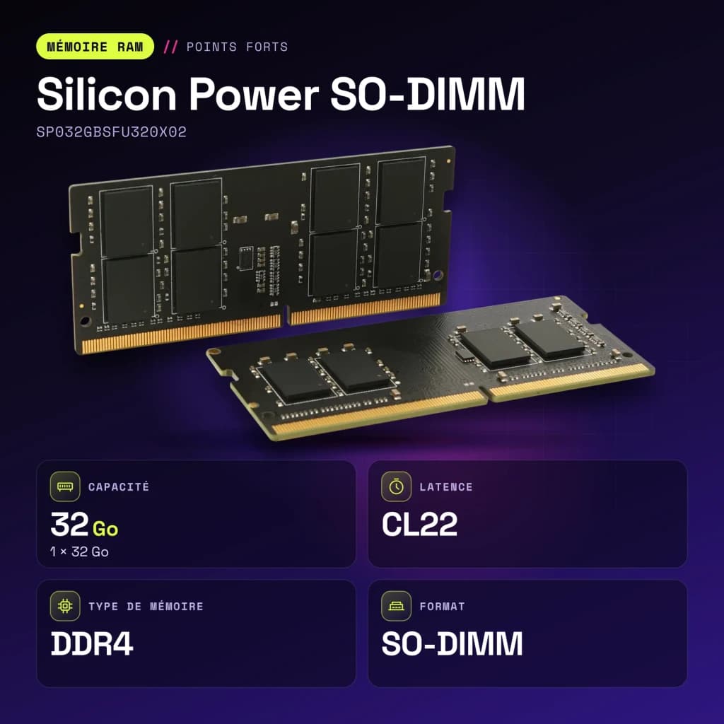 Mémoire RAM Silicon Power SO-DIMM 32Go DDR4 1x32Go 3200MHz Noir SP032GBSFU320X02 - caractéristiques, 3200 MHz