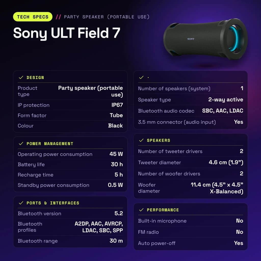 Enceinte Sony ULT Field 7 IP67 45W 30h Bluetooth 5.2 LDAC Noir - caractéristiques, 512 mm