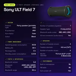 Enceinte Sony ULT Field 7 IP67 45W 30h Bluetooth 5.2 LDAC Noir - caractéristiques, 512 mm