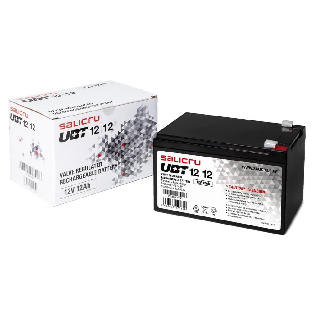 Batería Salicru UBT 12/12 VRLA AGM 12V 12Ah Negro - batería negra y caja de cartón juntas