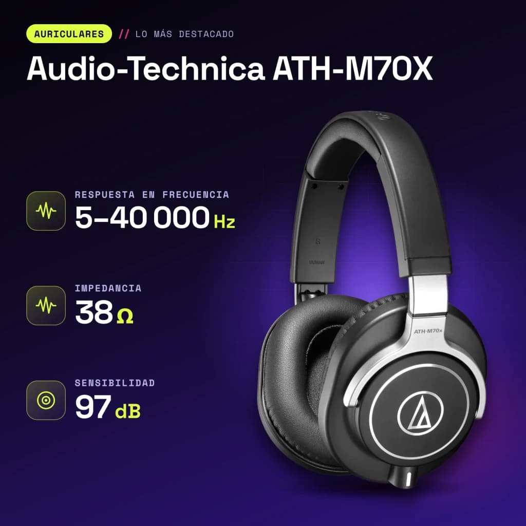 Auriculares Audio-Technica Diadema Cable Jack 3.5mm 45mm Driver Negro ATH-M70X - características