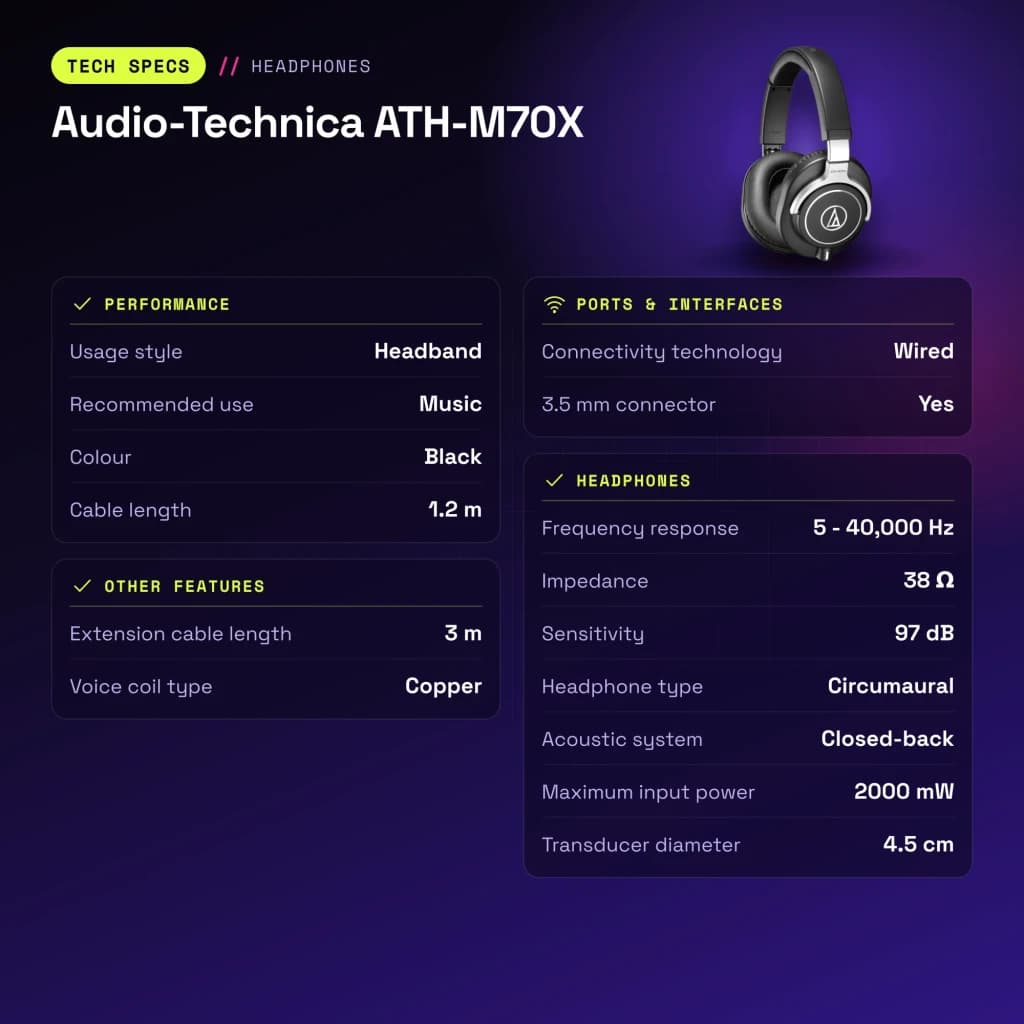 Auriculares Audio-Technica Diadema Cable Jack 3.5mm 45mm Driver Negro ATH-M70X - características