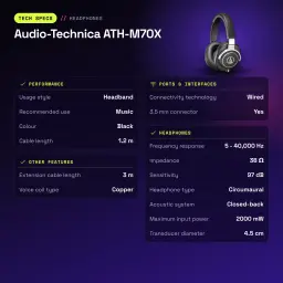 Auriculares Audio-Technica Diadema Cable Jack 3.5mm 45mm Driver Negro ATH-M70X - características