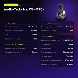 Auriculares Audio-Technica Diadema Cable Jack 3.5mm 45mm Driver Negro ATH-M70X - características