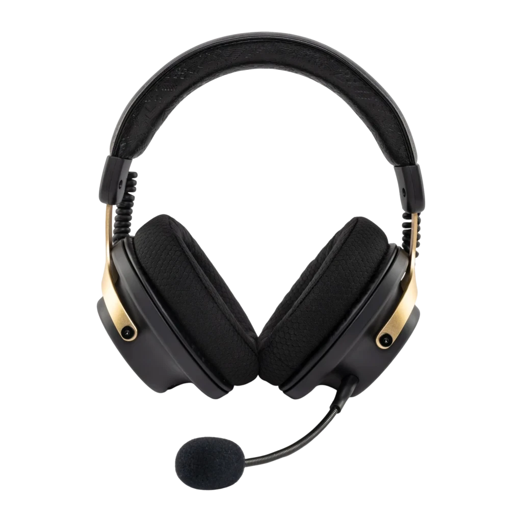 Auriculares gaming Moondrop GM01 Pro Diadema Negro, vista frontal: almohadillas de cuero, arco dorado y micrófono flexible