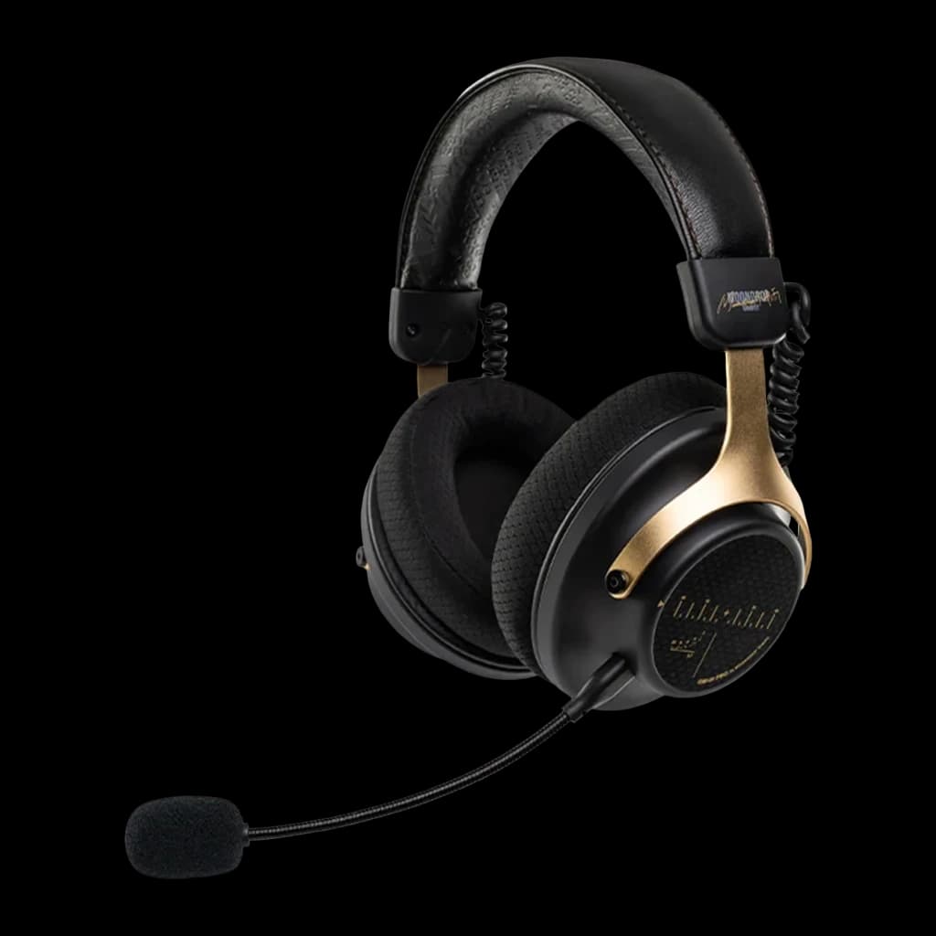 Auriculares gaming Moondrop GM01 Pro Diadema Negro, vista lateral: almohadillas negras, arco dorado y micrófono flexible