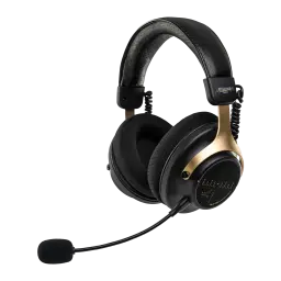 Auriculares gaming Moondrop GM01 Pro Diadema Negro, vista lateral: almohadillas negras, arco dorado y micrófono flexible