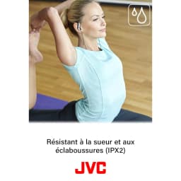 Écouteurs sport JVC HA-EB75 intra-auriculaires jack 3,5 mm Argent - femme en yoga avec écouteurs, résistance IPX2