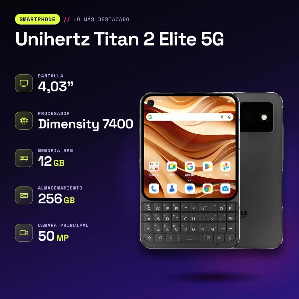 Unihertz Titan 2 Elite 5G 12Go/256Go Noir 4,03 pouces AMOLED 120Hz 50MP OIS Dimensity 7400 - caractéristiques