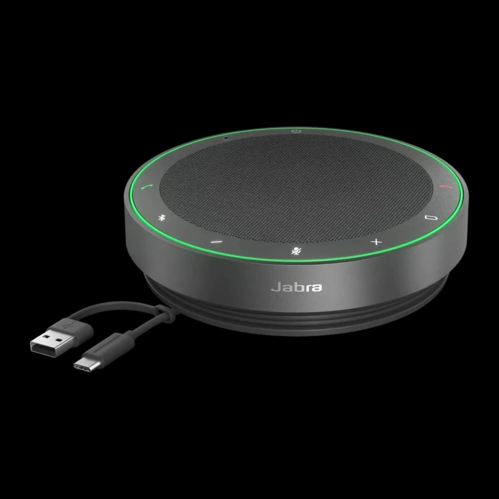Conférencier Jabra Speak2 40 MS USB-C / USB-A Gris - anneau LED vert allumé et câble USB-C et USB-A visibles