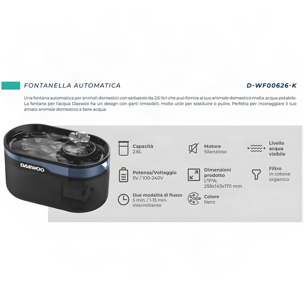 Bebedero automático Daewoo 2,6L Negro Filtro de algodón D-WF006 - especificaciones capacidad motor voltaje