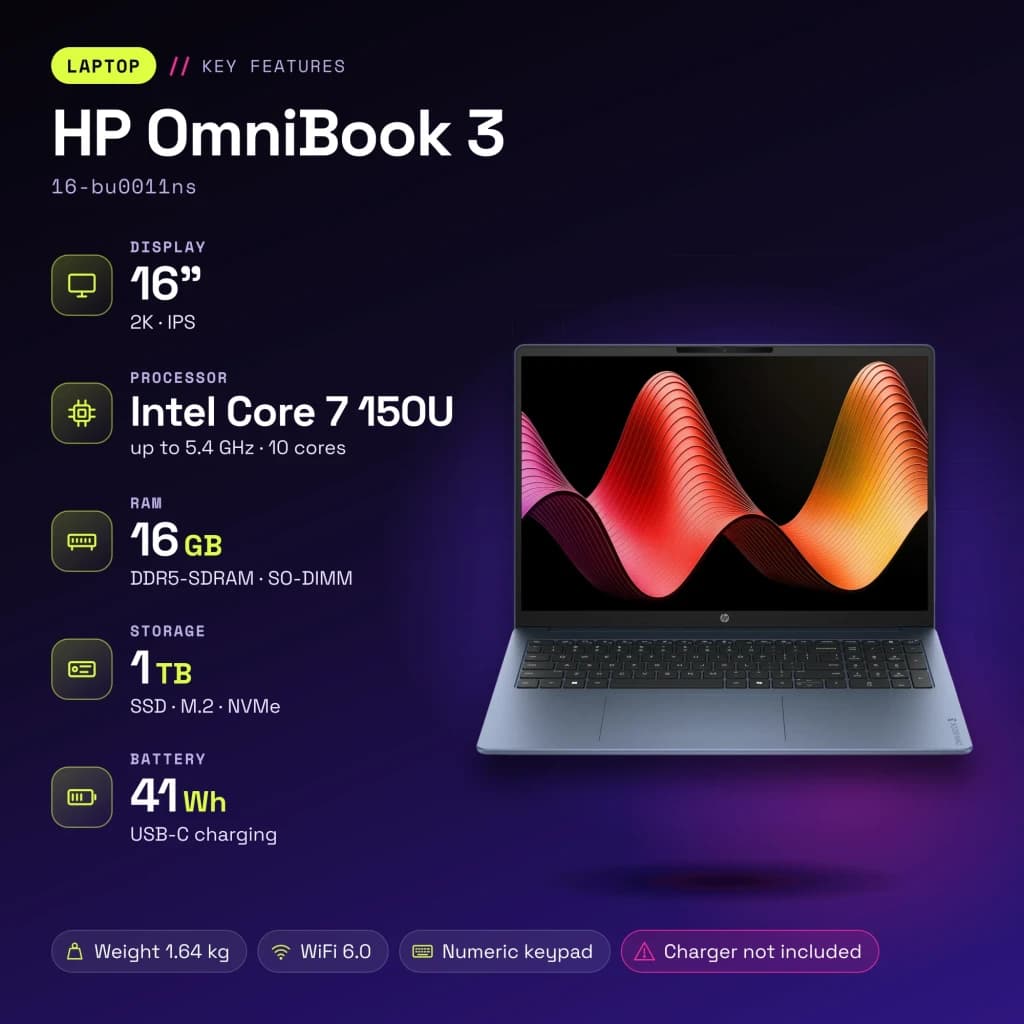 Portátil HP OmniBook 3 16GB/1TB SSD 16 pulgadas 2K IPS Intel Core 7 150U NVMe PCIe 4.0 FreeDOS Sin sistema operativo - 41 Wh