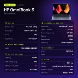 Portátil HP OmniBook 3 16GB/1TB SSD 16 pulgadas 2K IPS Intel Core 7 150U NVMe PCIe 4.0 FreeDOS Sin sistema operativo