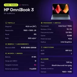 Portátil HP OmniBook 3 16GB/1TB SSD 16 pulgadas 2K IPS Intel Core 7 150U NVMe PCIe 4.0 FreeDOS Sin sistema operativo