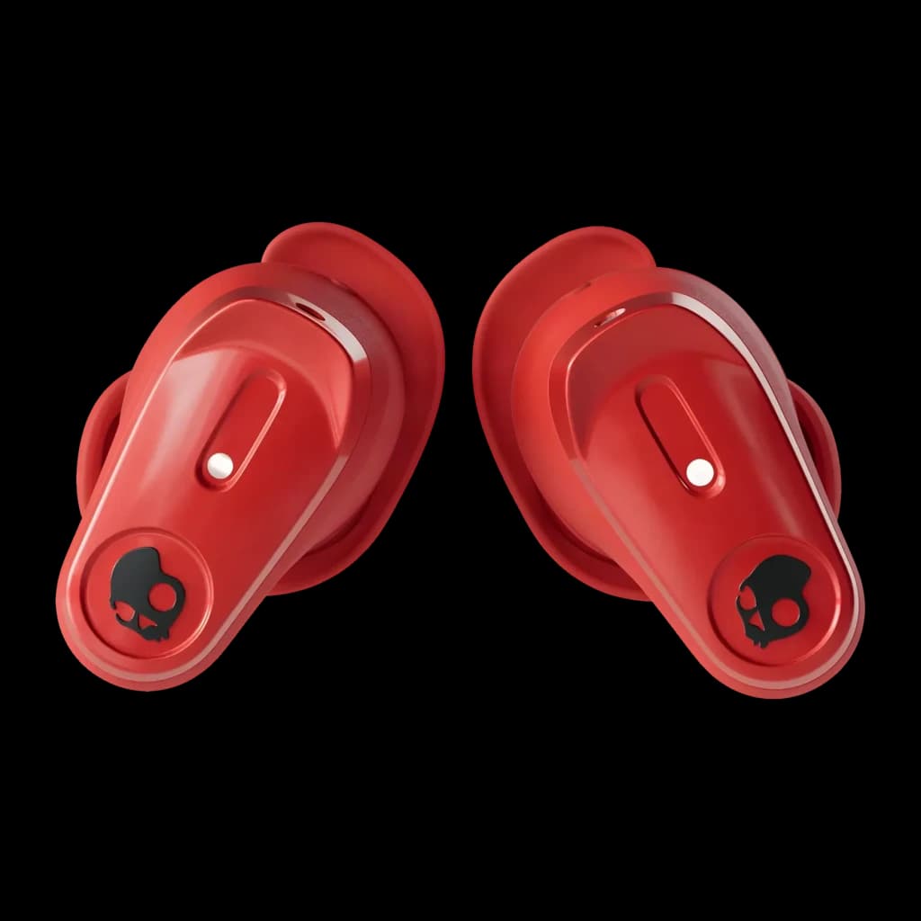 Écouteurs sans fil Skullcandy Method 360 ANC Réduction de Bruit TWS Rouge - paire rouge avec logo crâne et bouton