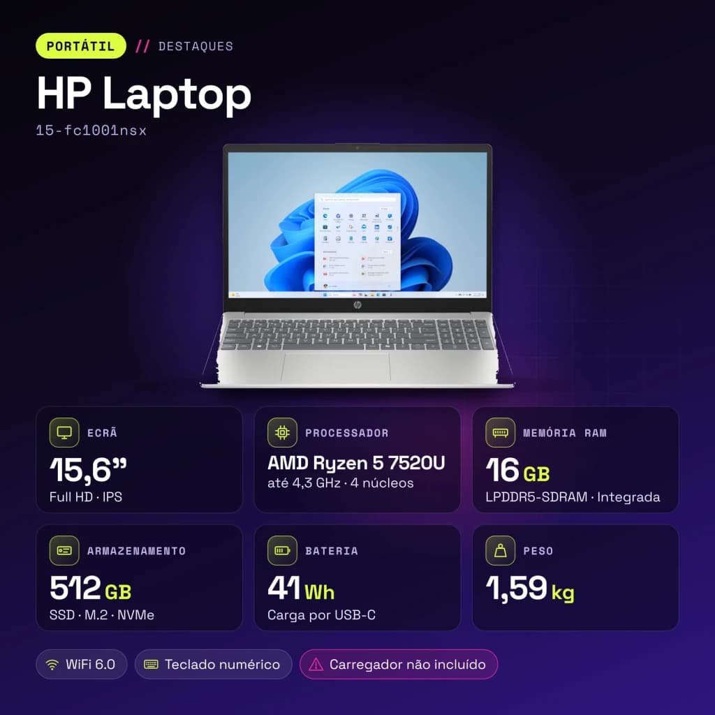 Portátil HP Laptop 16GB/512GB 15,6 pulgadas Full HD IPS AMD Ryzen 5 7520U SSD NVMe M.2 Windows 11 Home Plata 15-fc1001nsx