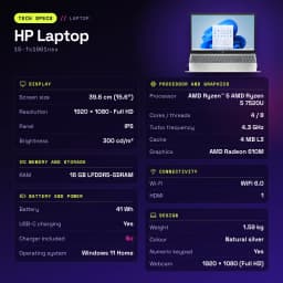 Portátil HP Laptop 16GB/512GB 15,6 pulgadas Full HD IPS AMD Ryzen 5 7520U SSD NVMe M.2 Windows 11 Home Plata 15-fc1001nsx