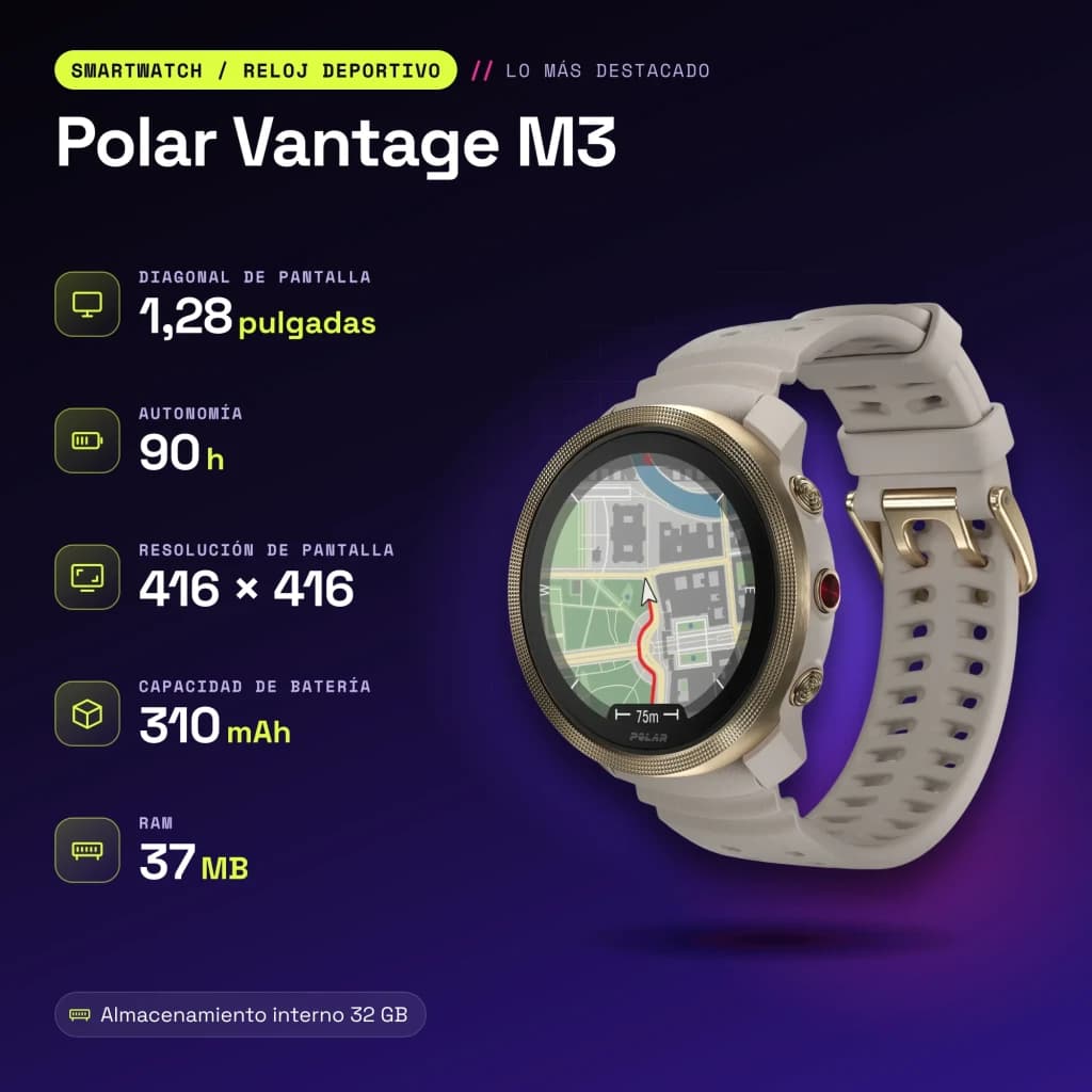 Polar Vantage M3 44.7mm GPS Bateria 90h FC, SpO2, Barómetro, Bússola Cinzento/Areia - características