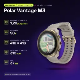 Polar Vantage M3 44.7mm GPS Bateria 90h FC, SpO2, Barómetro, Bússola Cinzento/Areia - características