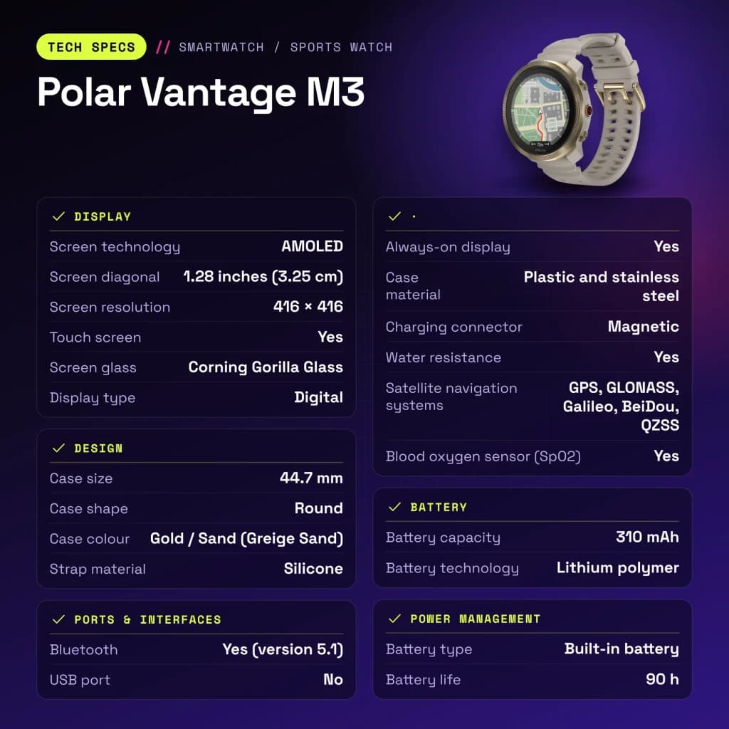 Polar Vantage M3 44.7mm GPS Bateria 90h FC, SpO2, Barómetro, Bússola Cinzento/Areia - características, 44,7 mm